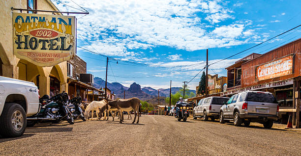 vista panorâmica de oatman - cidade fantasma histórica arizona, eua - route 66 sign hotel retro revival - fotografias e filmes do acervo