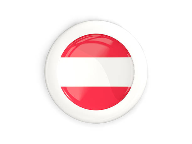 Flag of austria, glossy round button with white frame isolated on white. 3D illustration