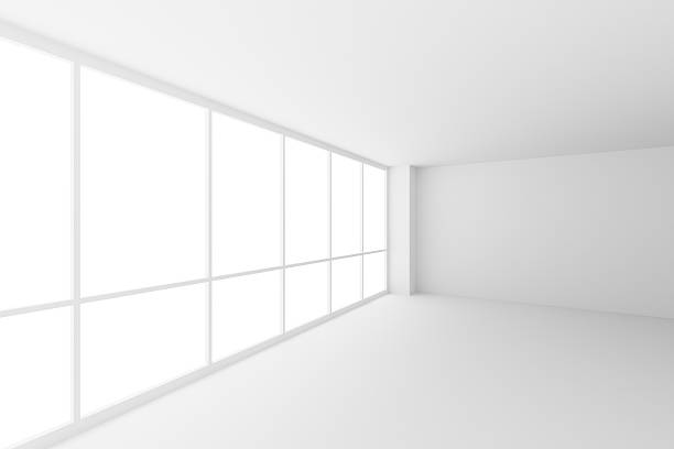 istock Empty white business office room corner with large windows, wide 636859506