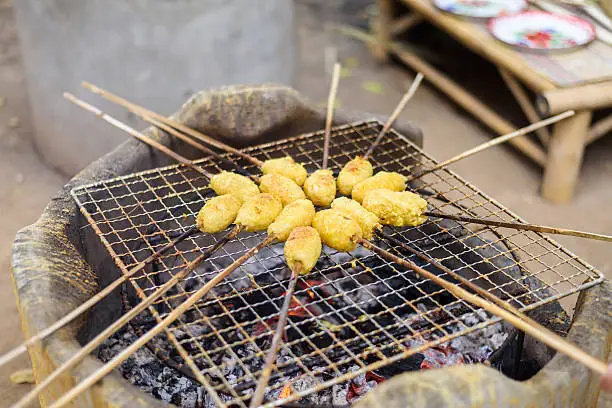 Sticky rice with egg grilled Asian traditional food, Kgawhie. Thailand culture