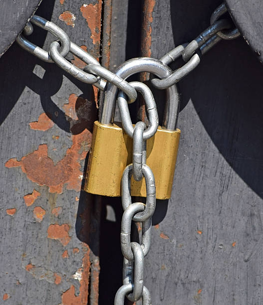 istock Padlock and chain on a metal door 636860528