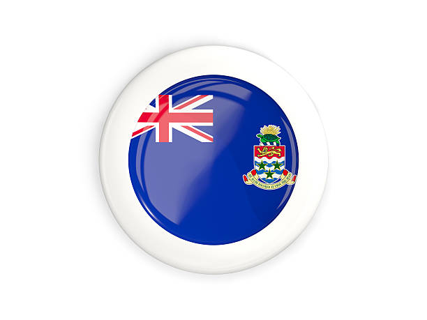 Flag of cayman islands, glossy round button with white frame isolated on white. 3D illustration