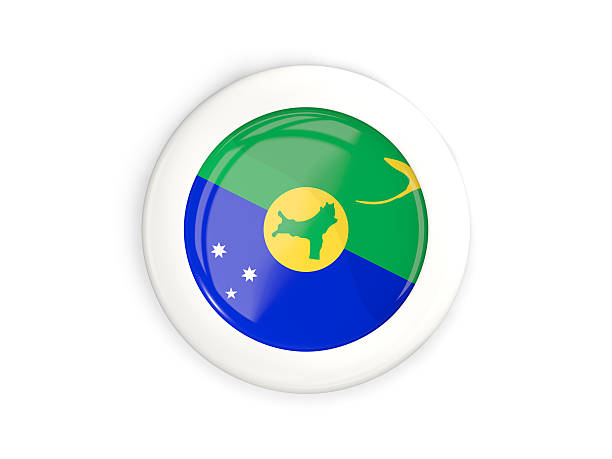 Flag of christmas island, glossy round button with white frame isolated on white. 3D illustration