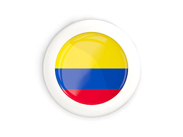 Flag of colombia, glossy round button with white frame isolated on white. 3D illustration
