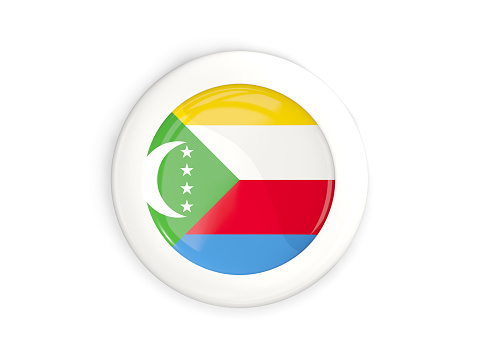 Flag of comoros, glossy round button with white frame isolated on white. 3D illustration