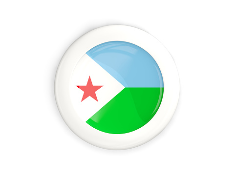 Flag of djibouti, glossy round button with white frame isolated on white. 3D illustration