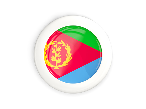 Flag of eritrea, glossy round button with white frame isolated on white. 3D illustration