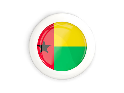 Flag of guinea bissau, glossy round button with white frame isolated on white. 3D illustration