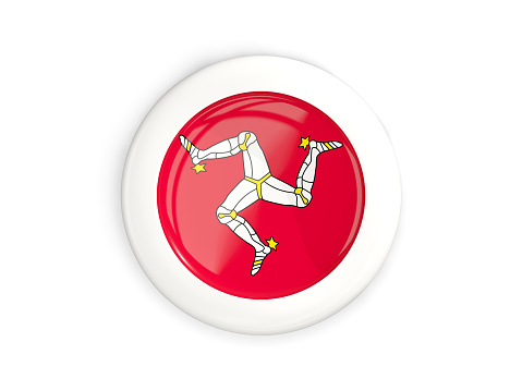 Flag of isle of man, glossy round button with white frame isolated on white. 3D illustration