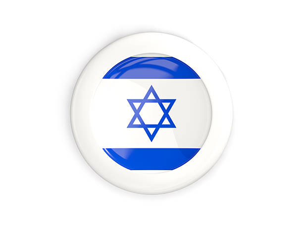 Flag of israel, glossy round button with white frame isolated on white. 3D illustration