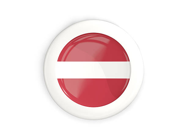 Flag of latvia, glossy round button with white frame isolated on white. 3D illustration