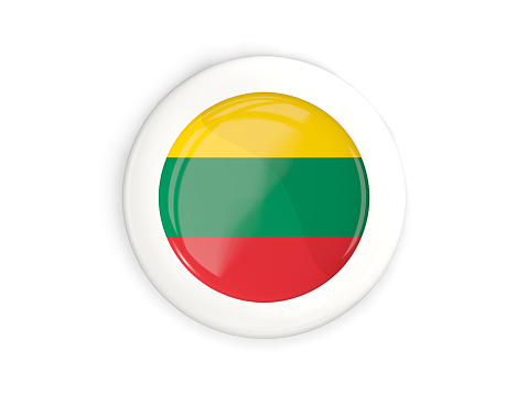 Flag of lithuania, glossy round button with white frame isolated on white. 3D illustration