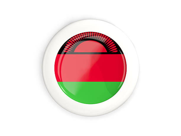 Flag of malawi, glossy round button with white frame isolated on white. 3D illustration