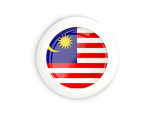 Flag of malaysia, glossy round button with white frame isolated on white. 3D illustration