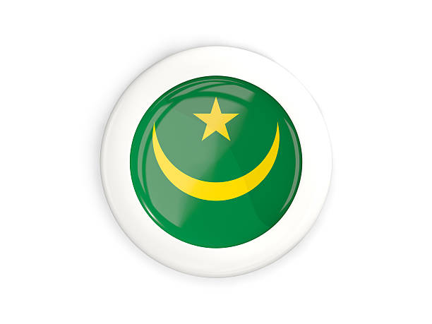 Flag of mauritania, glossy round button with white frame isolated on white. 3D illustration