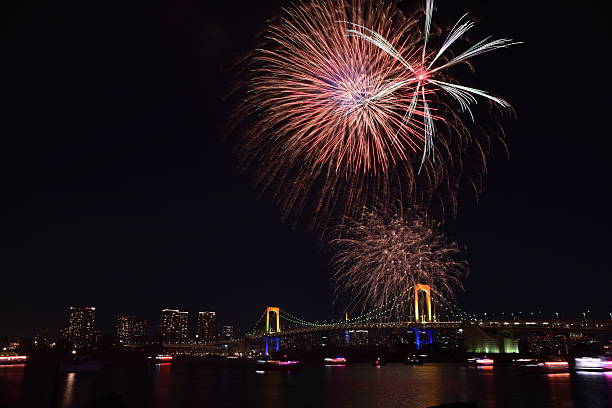 istock Tokyo city night view and fireworks 636864034