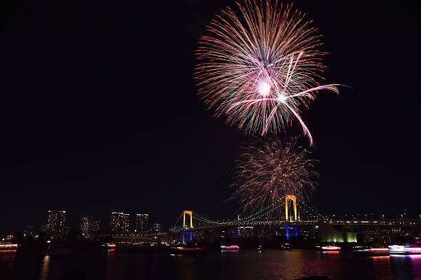 istock Tokyo city night view and fireworks 636864062