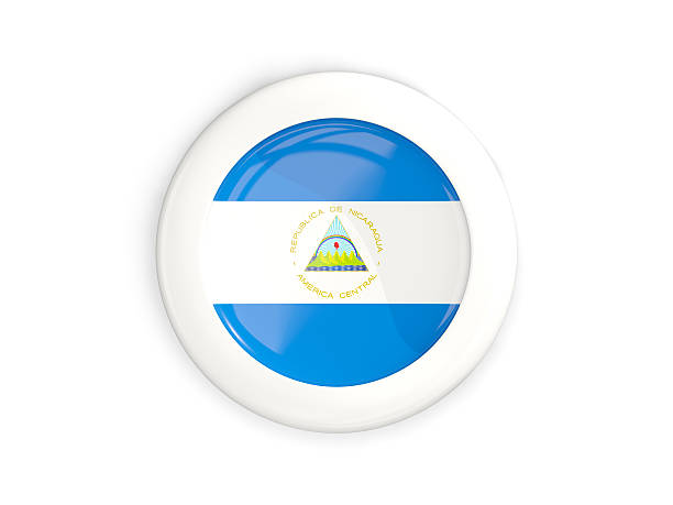 Flag of nicaragua, glossy round button with white frame isolated on white. 3D illustration