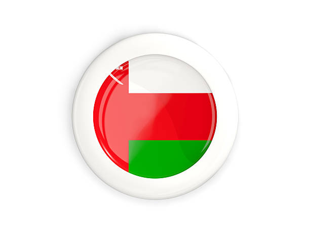 Flag of oman, glossy round button with white frame isolated on white. 3D illustration