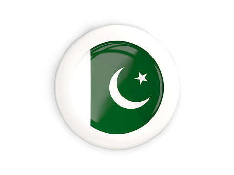 Flag of pakistan, glossy round button with white frame isolated on white. 3D illustration
