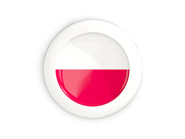 Flag of poland, glossy round button with white frame isolated on white. 3D illustration