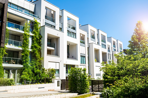 Modern luxury multi-family apartment building seen in Berlin, Germany