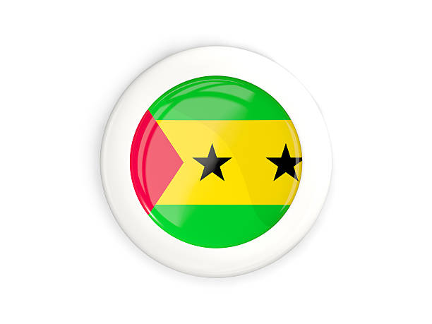 Flag of sao tome and principe, glossy round button with white frame isolated on white. 3D illustration