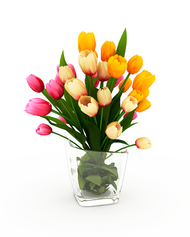 Digitally generated colorful tulips in a glass vase isolated on white background.