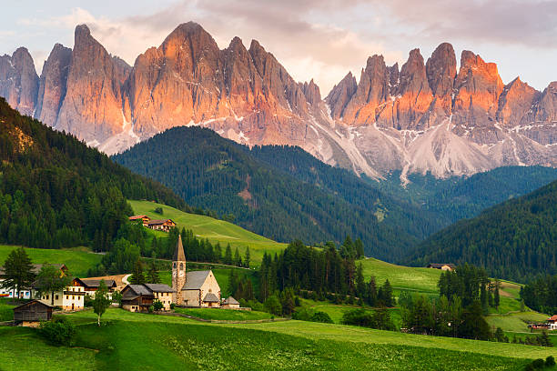 Santa Maddalena village, Italy Santa Maddalena village in front of the Geisler or Odle Dolomites Group, Val di Funes, Val di Funes, Trentino Alto Adige, Italy, Europe. dolomites stock pictures, royalty-free photos & images