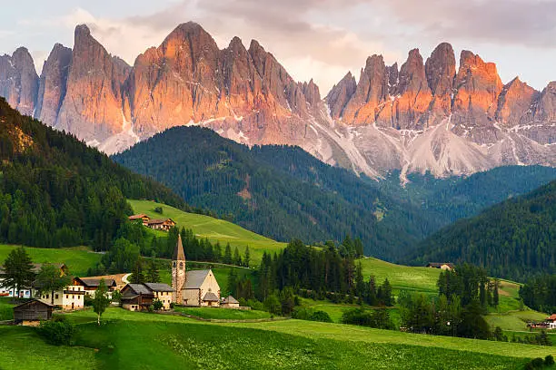 Santa Maddalena village in front of the Geisler or Odle Dolomites Group, Val di Funes, Val di Funes, Trentino Alto Adige, Italy, Europe.