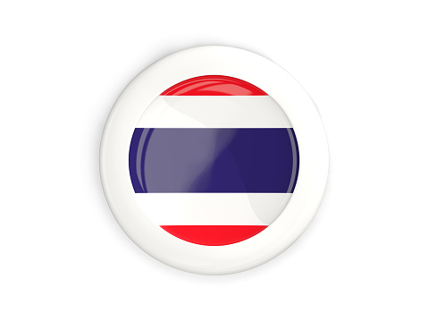 Flag of thailand, glossy round button with white frame isolated on white. 3D illustration