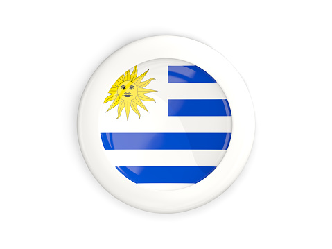 Flag of uruguay, glossy round button with white frame isolated on white. 3D illustration