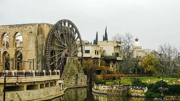 Irrigation Water-wheel norias in Hama on the Orontes river, Syria