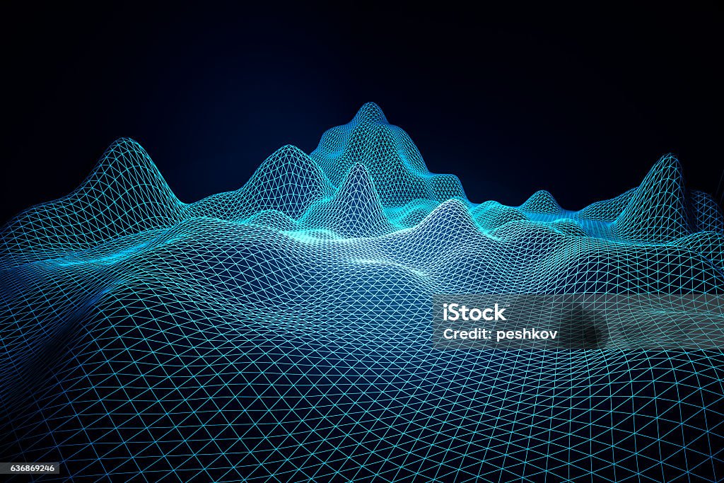 Blue grid waves Abstract light blue grid waves on dark background. Technology concept. 3D Rendering Noise Stock Photo