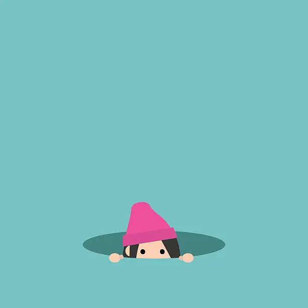 Vector illustration of Curious girl hiding in the hole and prying