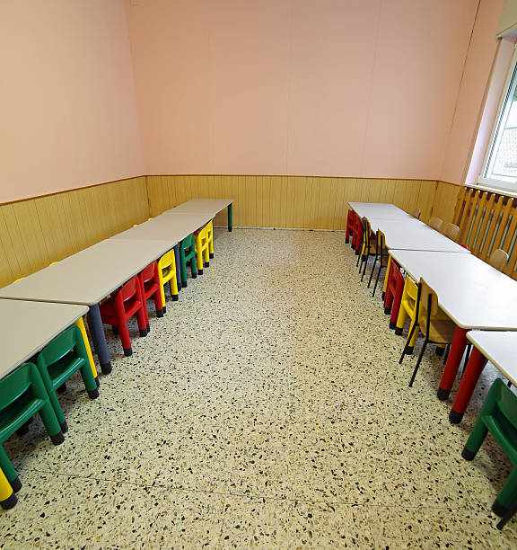 istock lunchroom with tables and small chairs for children 636869526