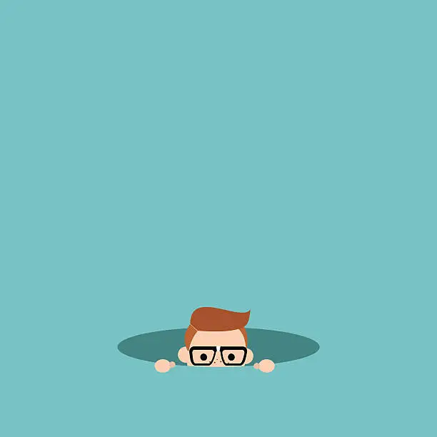 Vector illustration of Curious nerd hiding in the hole and prying