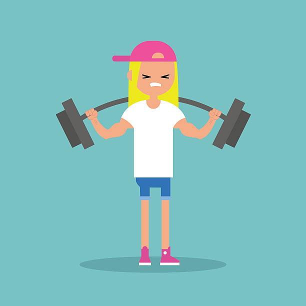 ilustraciones, imágenes clip art, dibujos animados e iconos de stock de joven rubia levantando una barra de peso pesado - human muscle women bicep girl power