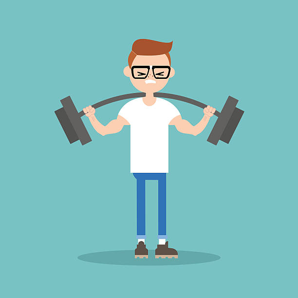 ilustraciones, imágenes clip art, dibujos animados e iconos de stock de joven nerd levantando una barra de peso pesado - muscular build men human muscle body building exercises