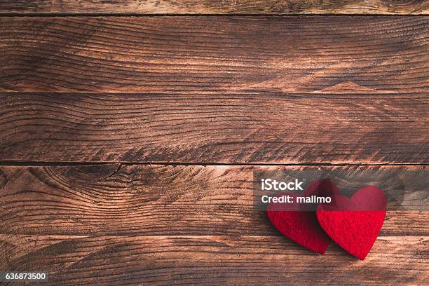 Valentines Wooden Background With Felt Hearts Flat Lay Stock Photo - Download Image Now