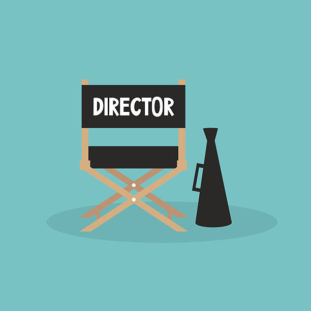 ilustraciones, imágenes clip art, dibujos animados e iconos de stock de industria cinematográfica. silla de director y megáfono - silla de director