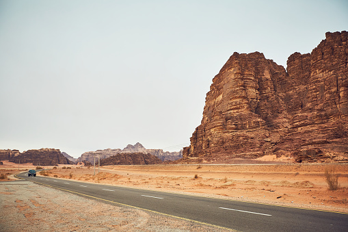 View with the road in Wadi Rum desert in Jordan
