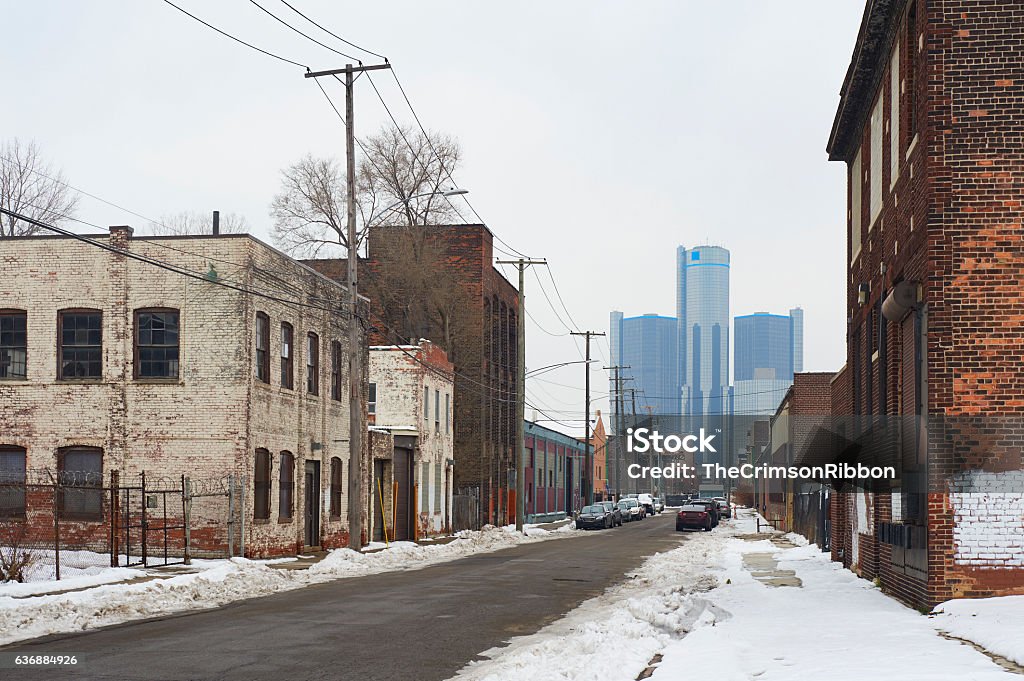 Detroit skyscraper with old rustic buildings in the foreground. Detroit - Michigan Stock Photo