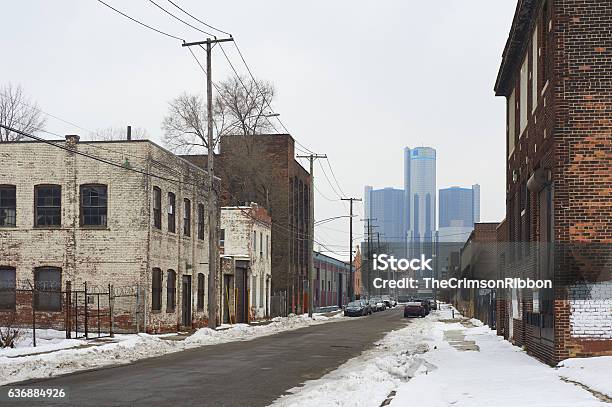 Detroit Skyscraper With Old Rustic Buildings In The Foreground Stock Photo - Download Image Now