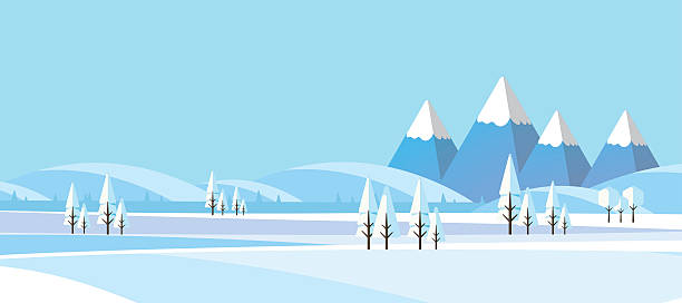 winter abstrakte landschaft in flachen design-stil. - woods tree panoramic snow stock-grafiken, -clipart, -cartoons und -symbole