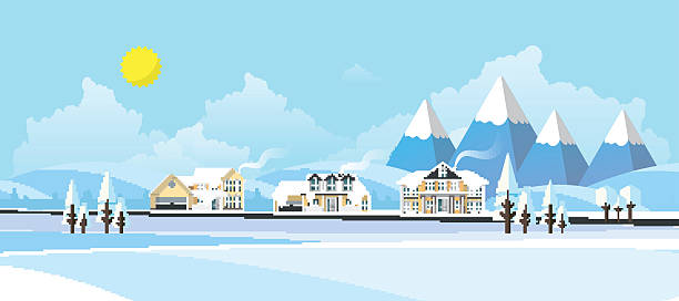 ilustrações, clipart, desenhos animados e ícones de casas familiares na paisagem abstrata de inverno. estilo de design plano. - residential district backgrounds beauty blue