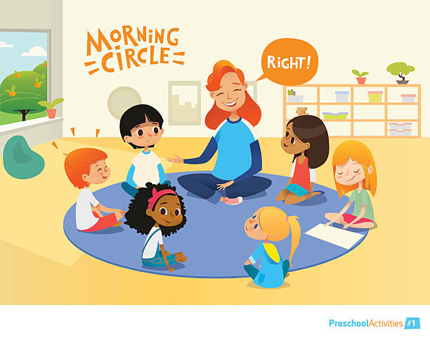 Teacher asks children questions and encourage them during morning lesson Laughing redhead teacher asks children questions and encourage them during morning lesson in preschool classroom. Pre-primary school education concept. Vector illustration for poster, advertisement. preschool building stock illustrations