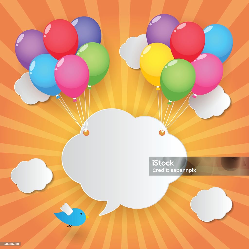 balloon sky background balloons, cloud speech bubble and bird on sunny sky background Anniversary stock vector