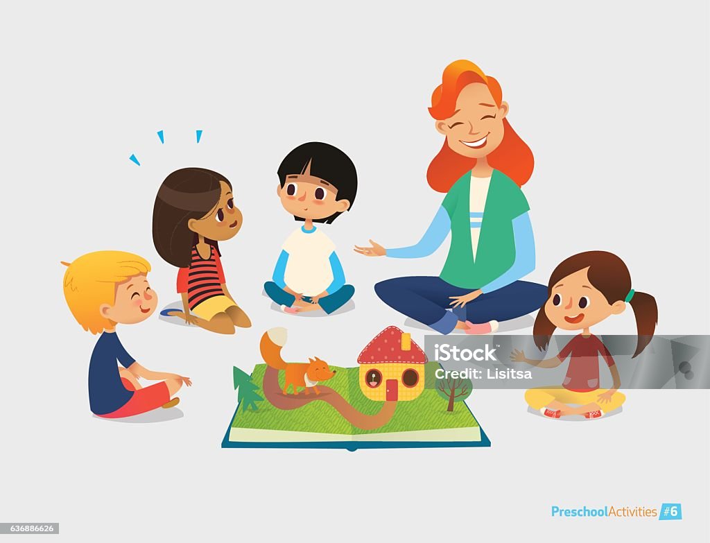 Female teacher tells fairy tales using pop-up book, children Female teacher tells fairy tales using pop-up book, children sit on floor in circle and listen to her. Preschool activities and early childhood education. Vector illustration for poster, website Montessori Education stock vector