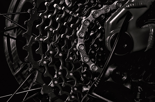 A close-up image of the chain cassette on a mountain bike.